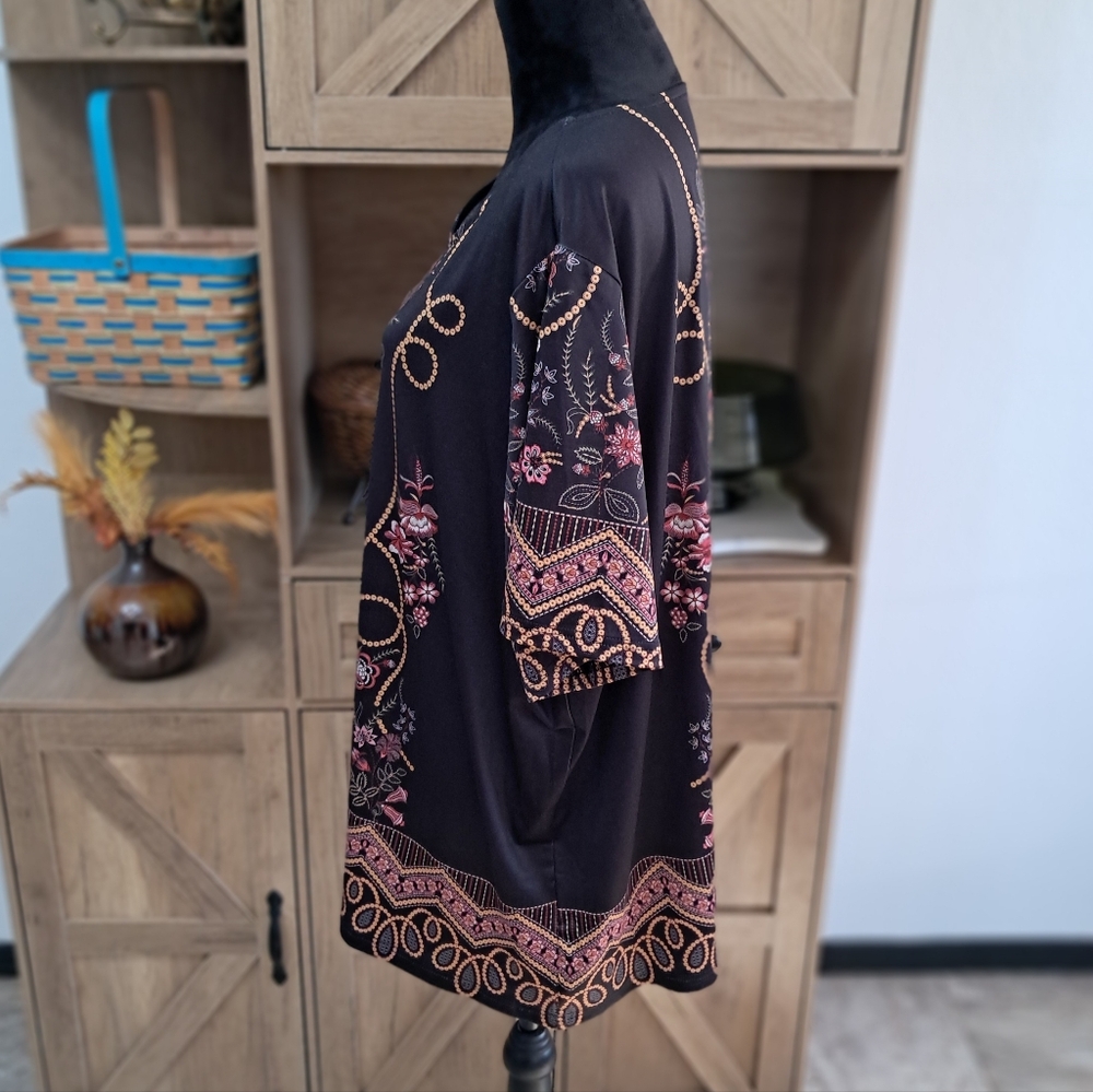 Tunic Blouse Black Colorful Pattern Short Sleeve Scoop Neck Artsy Day To Night - Picture 4 of 9
